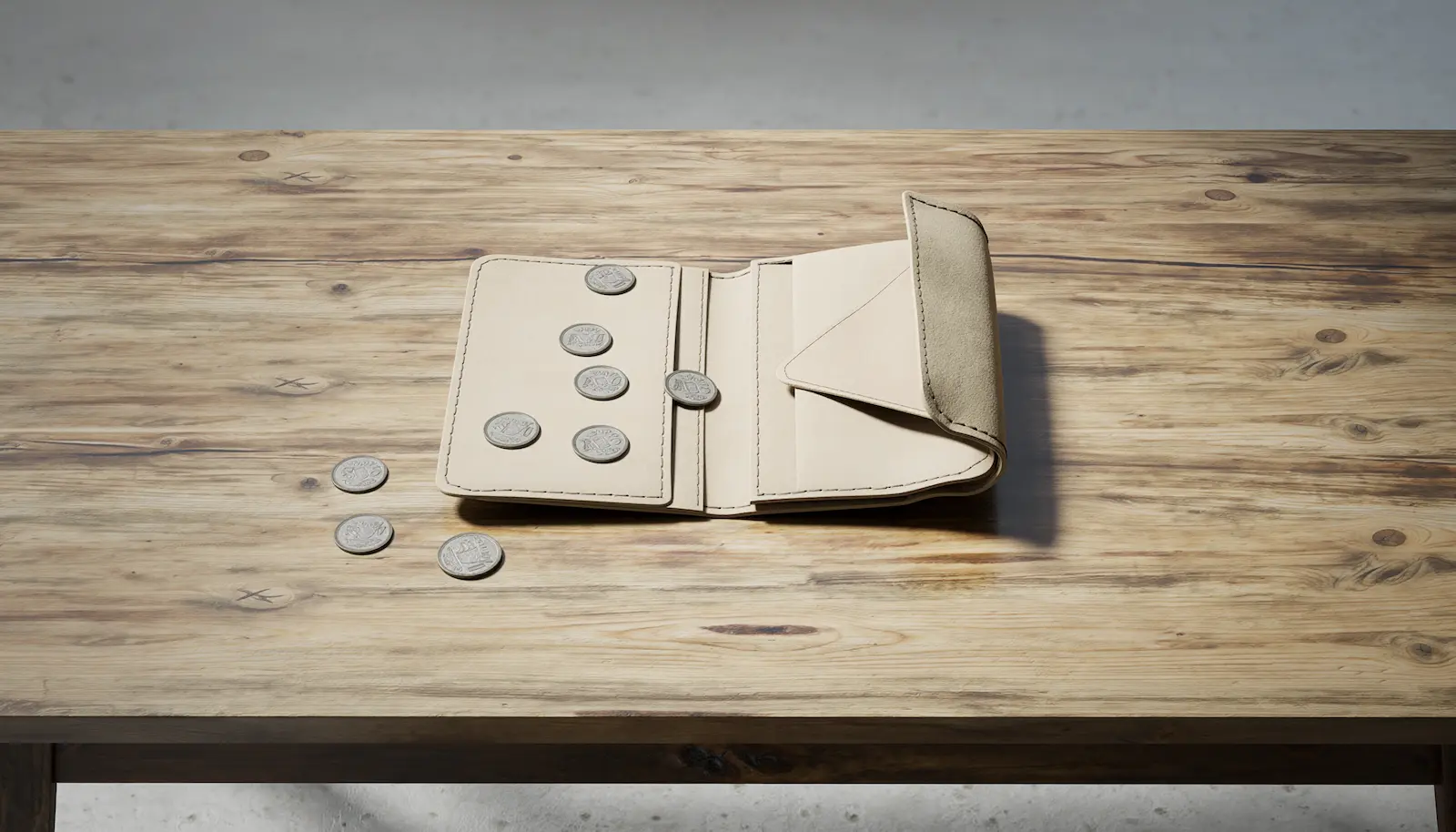Offene Geldbörse mit nur wenigen Münzen auf einem Tisch