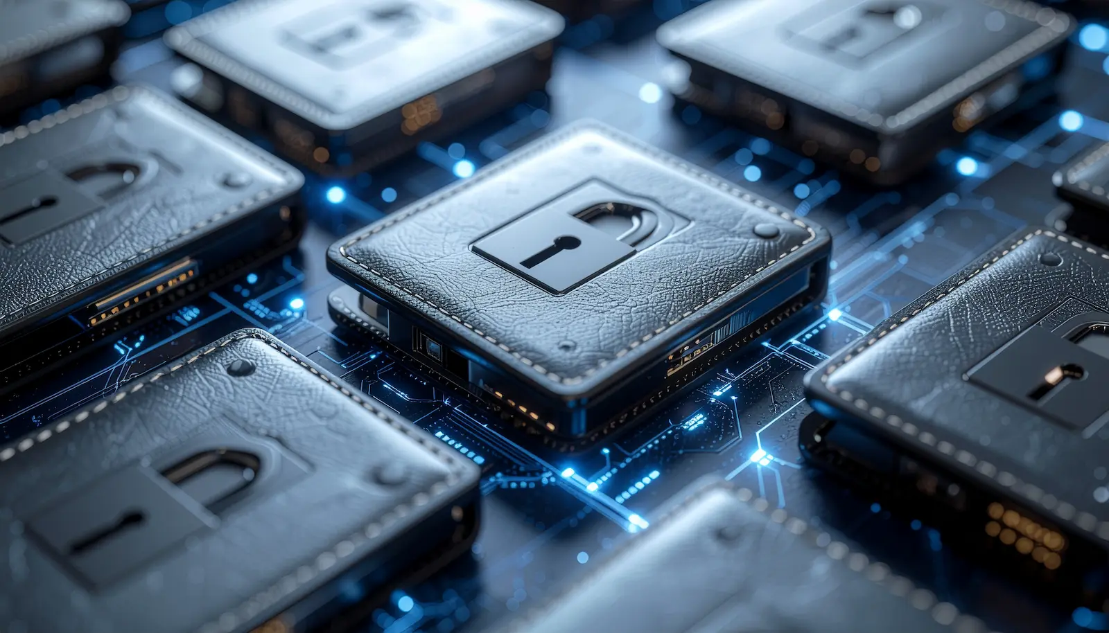 Realistische Illustration zur Selbstverwahrung von Kryptowährungen, ruhige und seriöse Atmosphäre, Hardware Wallets ohne sichtbare Marken, sichere Aufbewahrung digitaler Vermögenswerte, symbolische Darstellung von Kontrolle und Eigenverantwortung, verschlossene digitale Tresor-Elemente, dezente Blockchain-Strukturen im Hintergrund, keine Logos, kein Text, dunkle Blau- und Grautöne, sachlich, vertrauenswürdig, modern, fotorealistischer Stil, professionell, ruhig, geeignet als Hero-Bild für einen Finanz-Blog