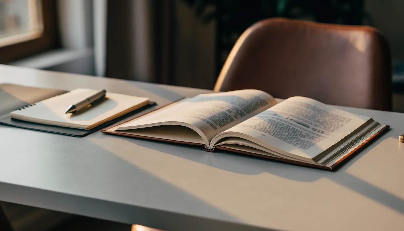 Ruhiger Schreibtisch mit offenem Buch und Notizen als Symbol für kleine Gewohnheiten