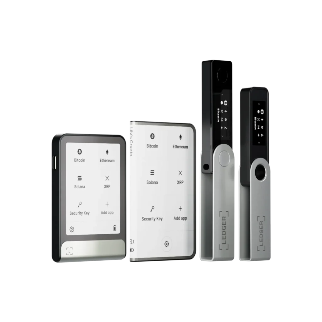 Ledger Geräte im Vergleich mit mehreren Hardware-Wallet-Modellen vor schwarzem Hintergrund