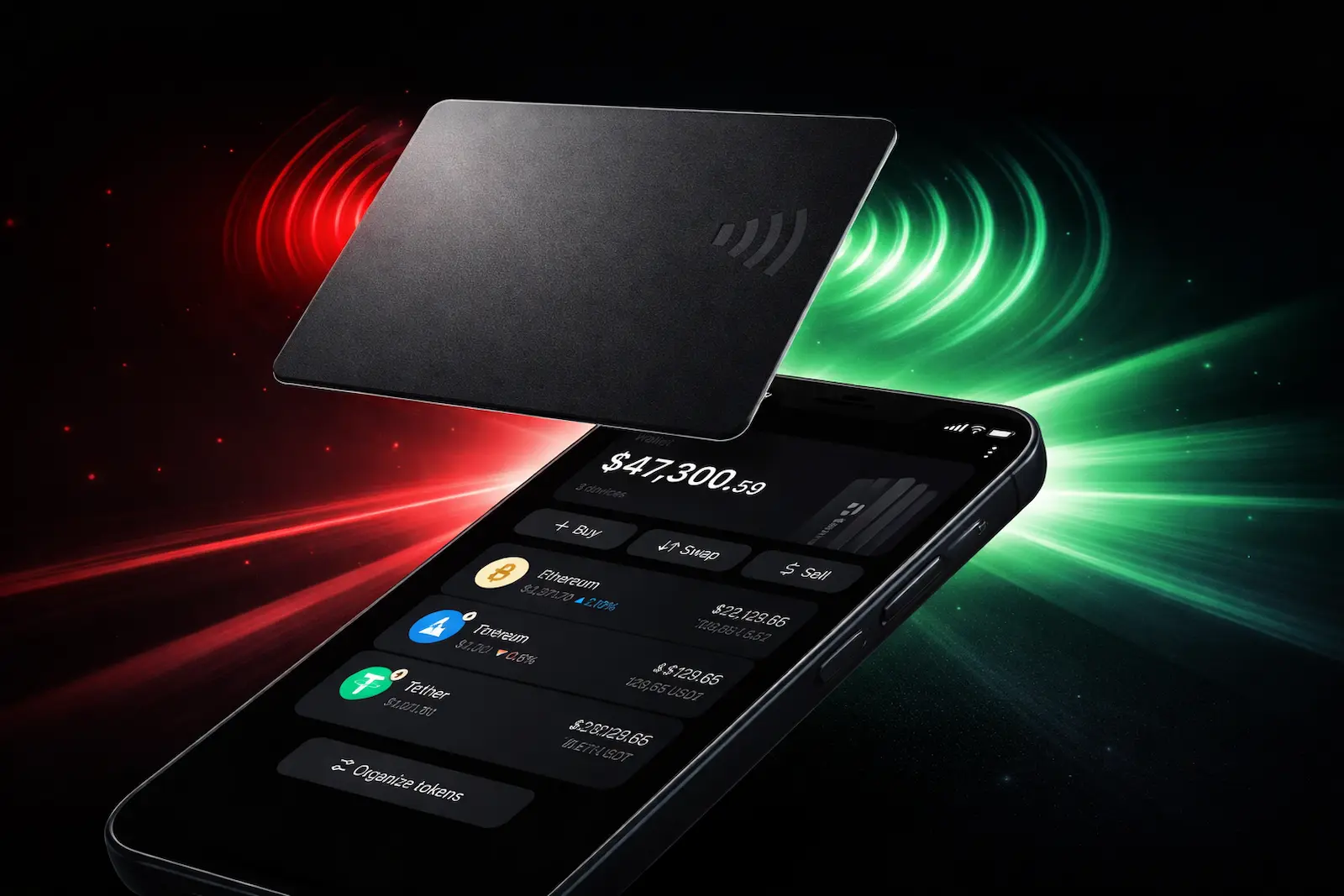 Hardware-Wallet Karte wird per NFC über ein Smartphone gehalten beim Einrichten