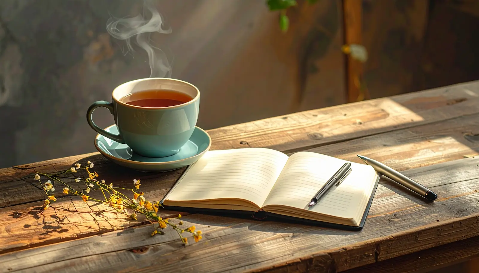 6-Minuten-Tagebuch im Alltag – ruhige Szene mit Schreiben, Zeit und bewussten Entscheidungen