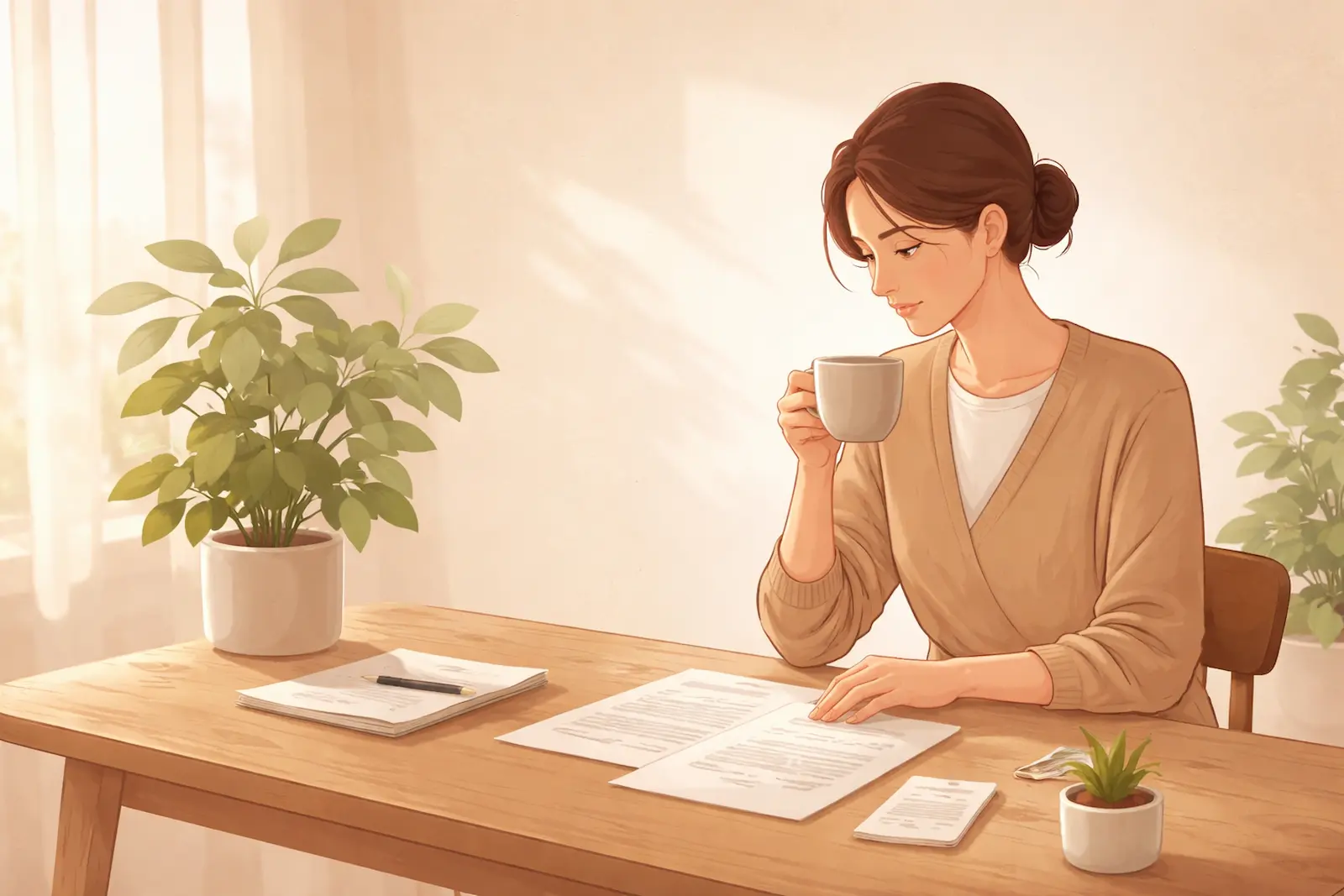 Ruhige Person sitzt am Tisch und verschafft sich einen Überblick über ihre Finanzen – mit Unterlagen und Notizen, ohne App im Vordergrund.