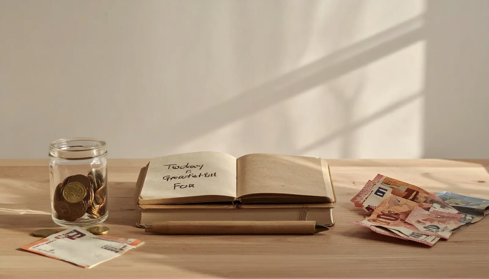 Dankbarkeitstagebuch und Geld – ruhige Darstellung von Schreiben, Zeit und bewussten Entscheidungen