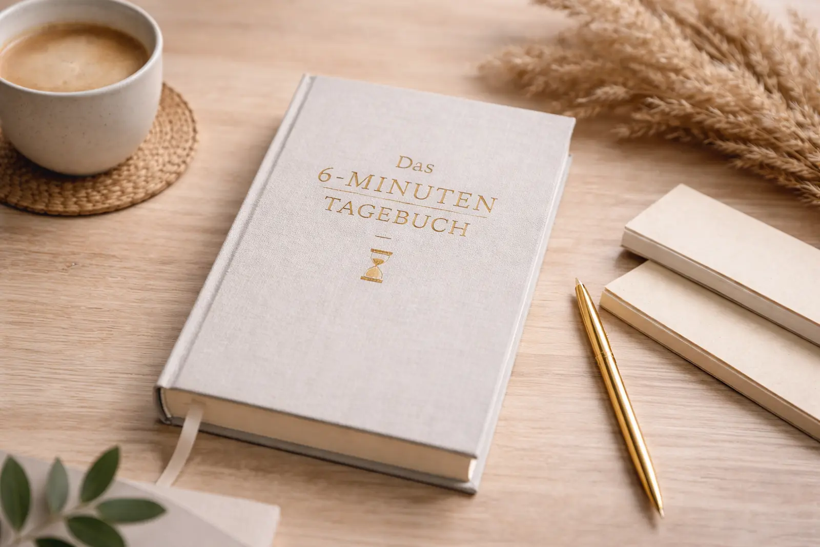 Offenes Tagebuch mit Stift auf hellem Schreibtisch – Symbol für strukturierte Selbstreflexion und klare Gedanken im Alltag