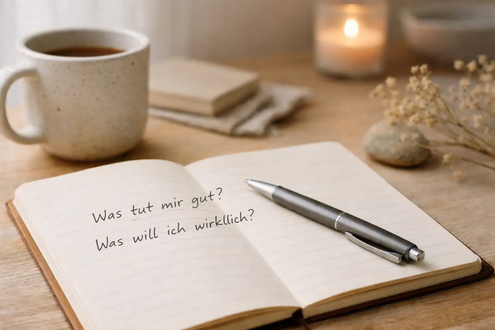 Offenes Notizbuch mit handschriftlichen Fragen und Stift auf einem ruhigen Schreibtisch – Symbol für Klarheit durch Aufschreiben von Gedanken