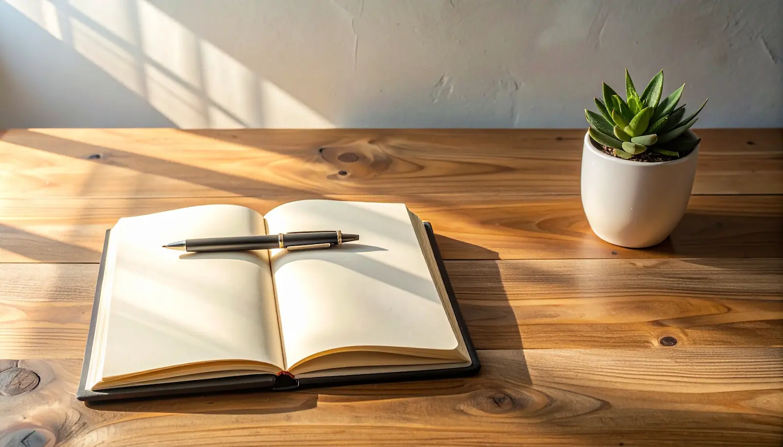 Notizbuch und Stift auf ruhigem Schreibtisch – Nachdenken oder Schreiben als Entscheidungshilfe im Umgang mit Geld