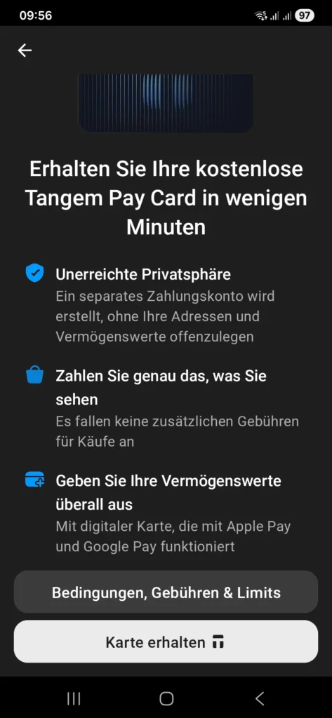 Tangem Pay ist in der App als Funktion sichtbar