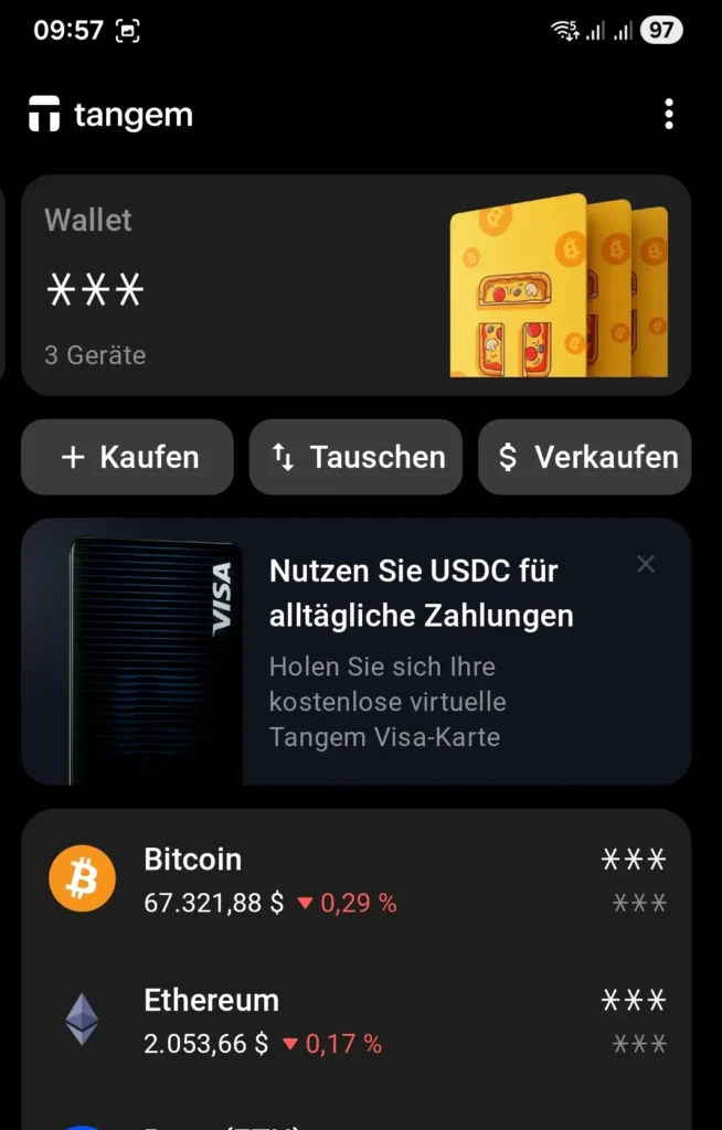 Tangem App mit Hinweis auf USDC-Zahlungen über virtuelle Visa-Karte