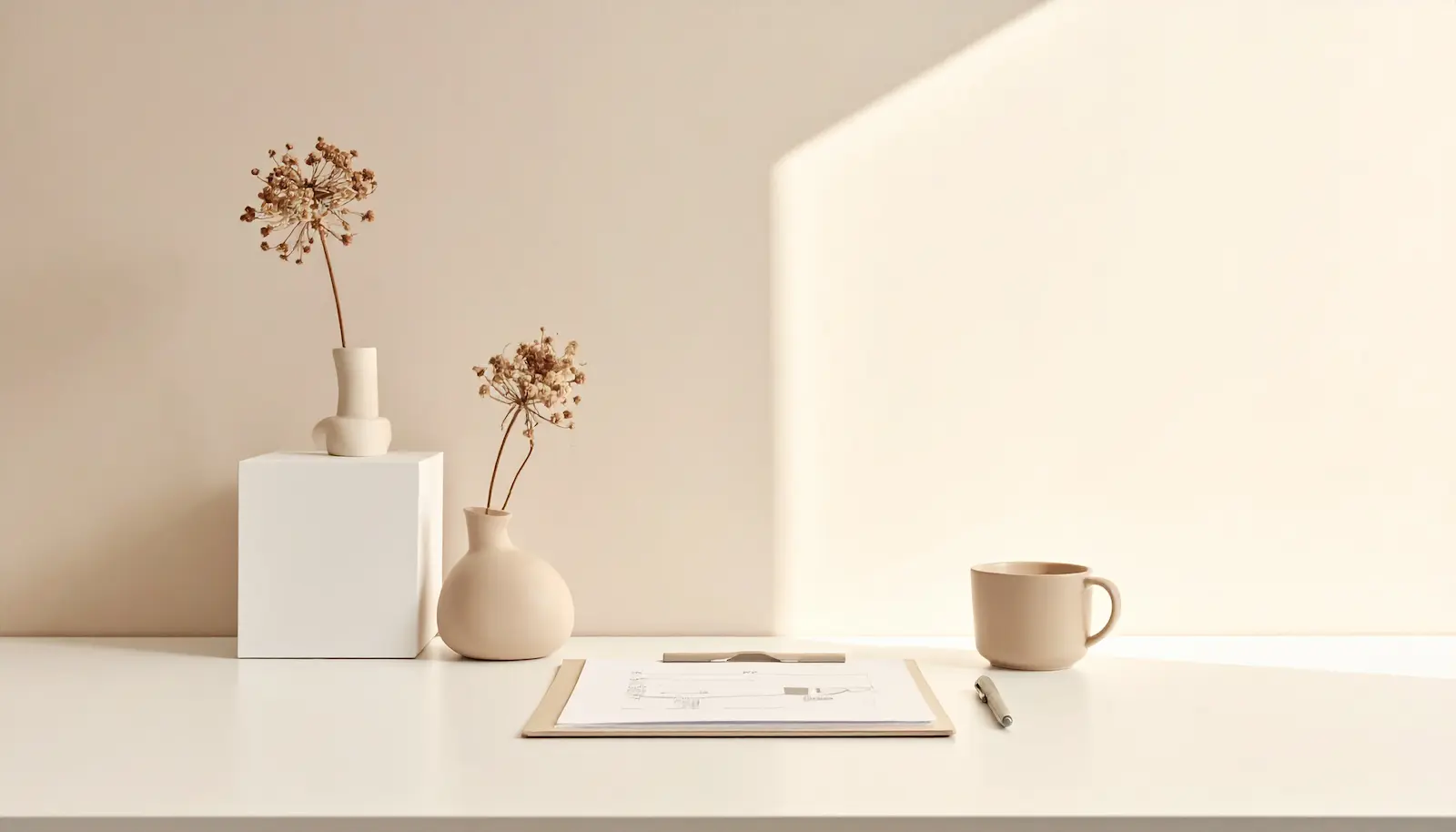 Ruhiger Arbeitsplatz mit Notizbuch – Überblick statt Sparziele im Umgang mit Geld.