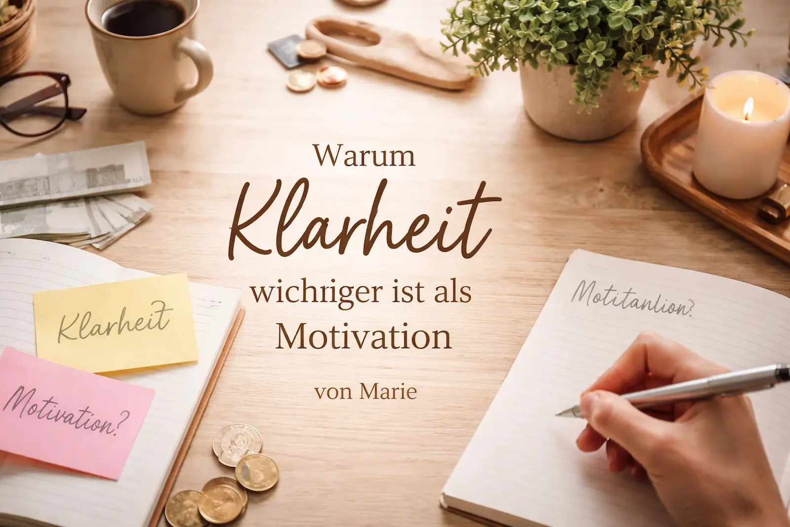 Schreibtisch mit Notizbuch, Stift und Geldscheinen – Symbolbild für Klarheit bei Geldentscheidungen statt reiner Motivation