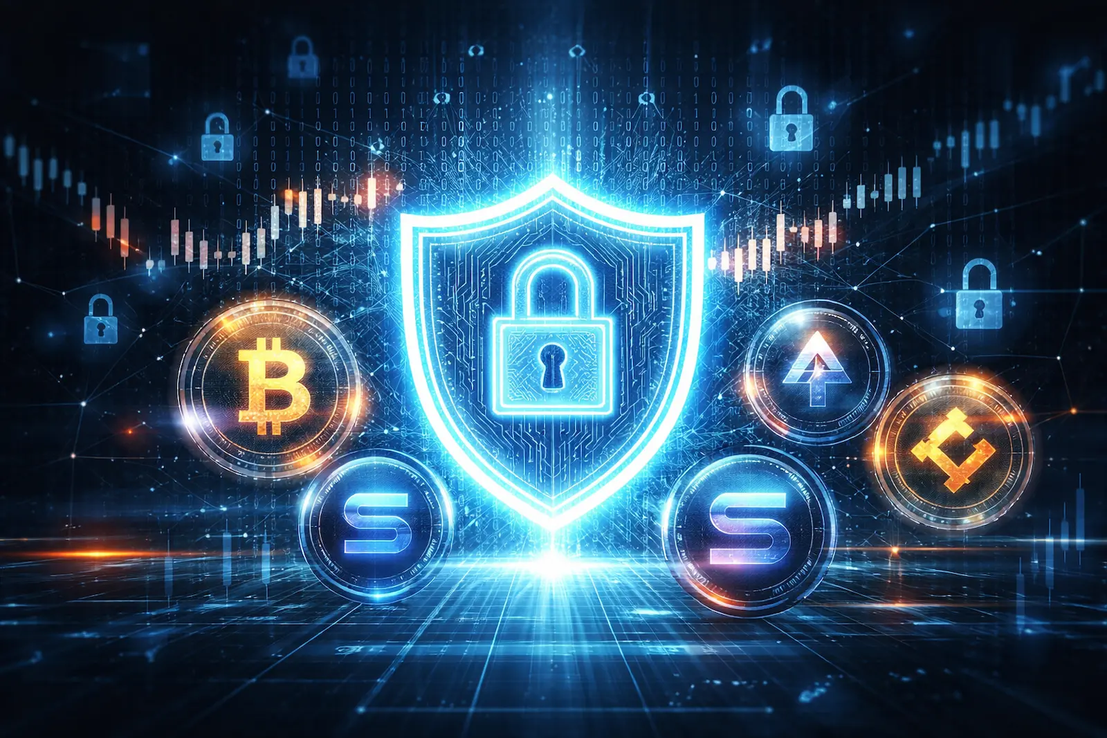 Grafische Darstellung von Kryptowährungen und digitaler Sicherheit mit Schloss-Symbol