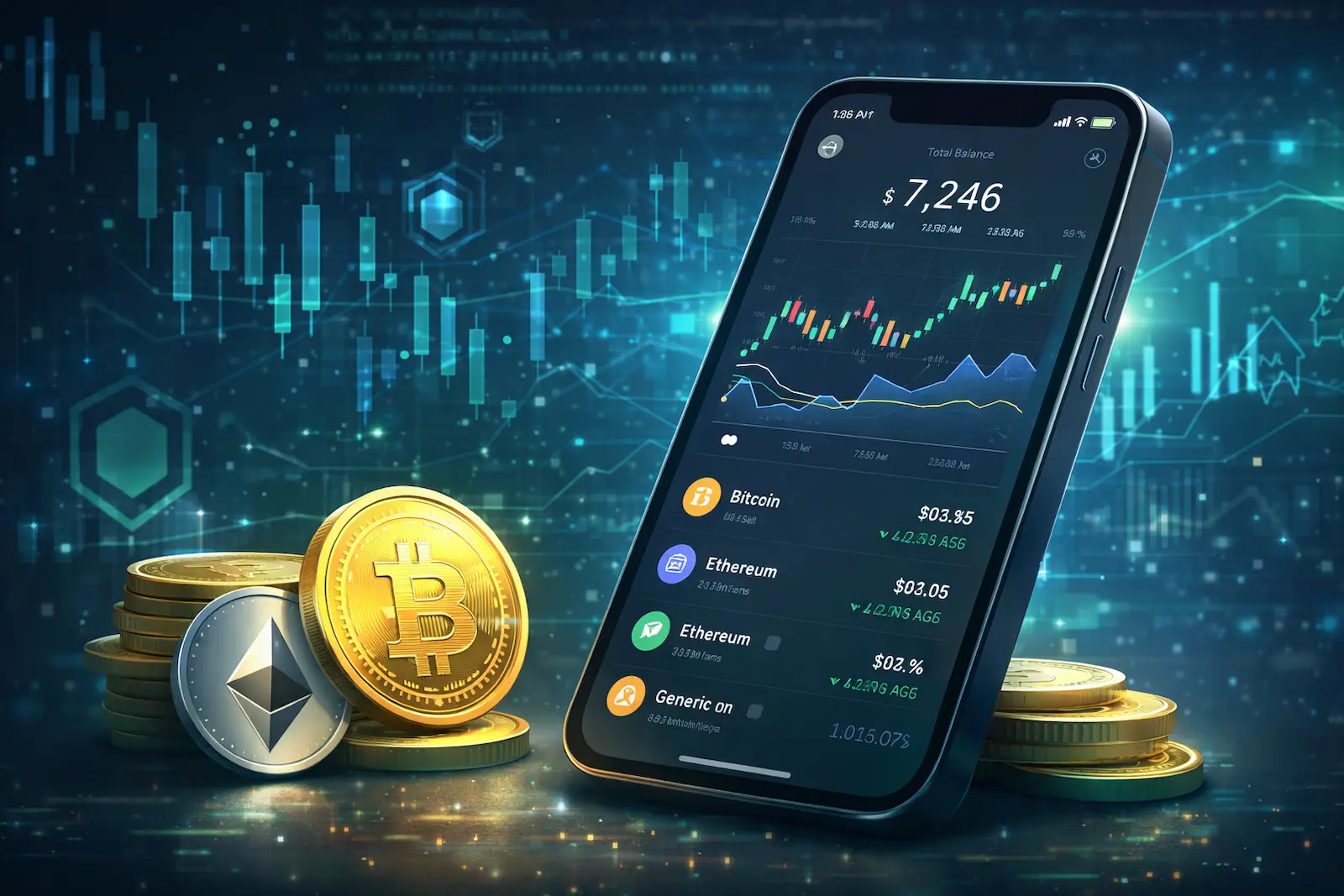 Smartphone mit Krypto-Portfolio und Candlestick-Charts vor digitalem Hintergrund mit Münzen im Vordergrund