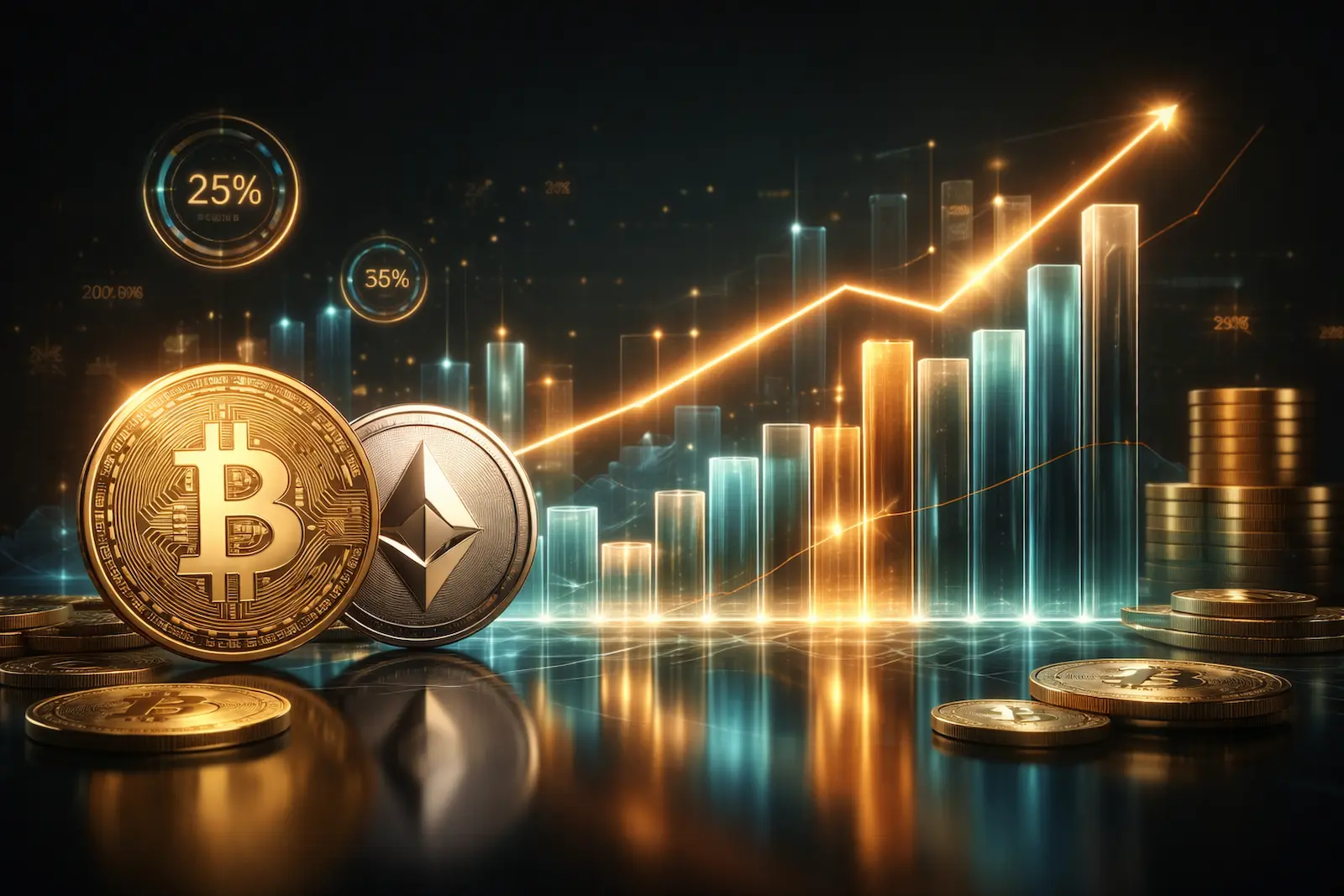 Abstrakte Darstellung von Krypto Charts in Gold und Dunkelblau als Hintergrund zum Ledger Stax Test