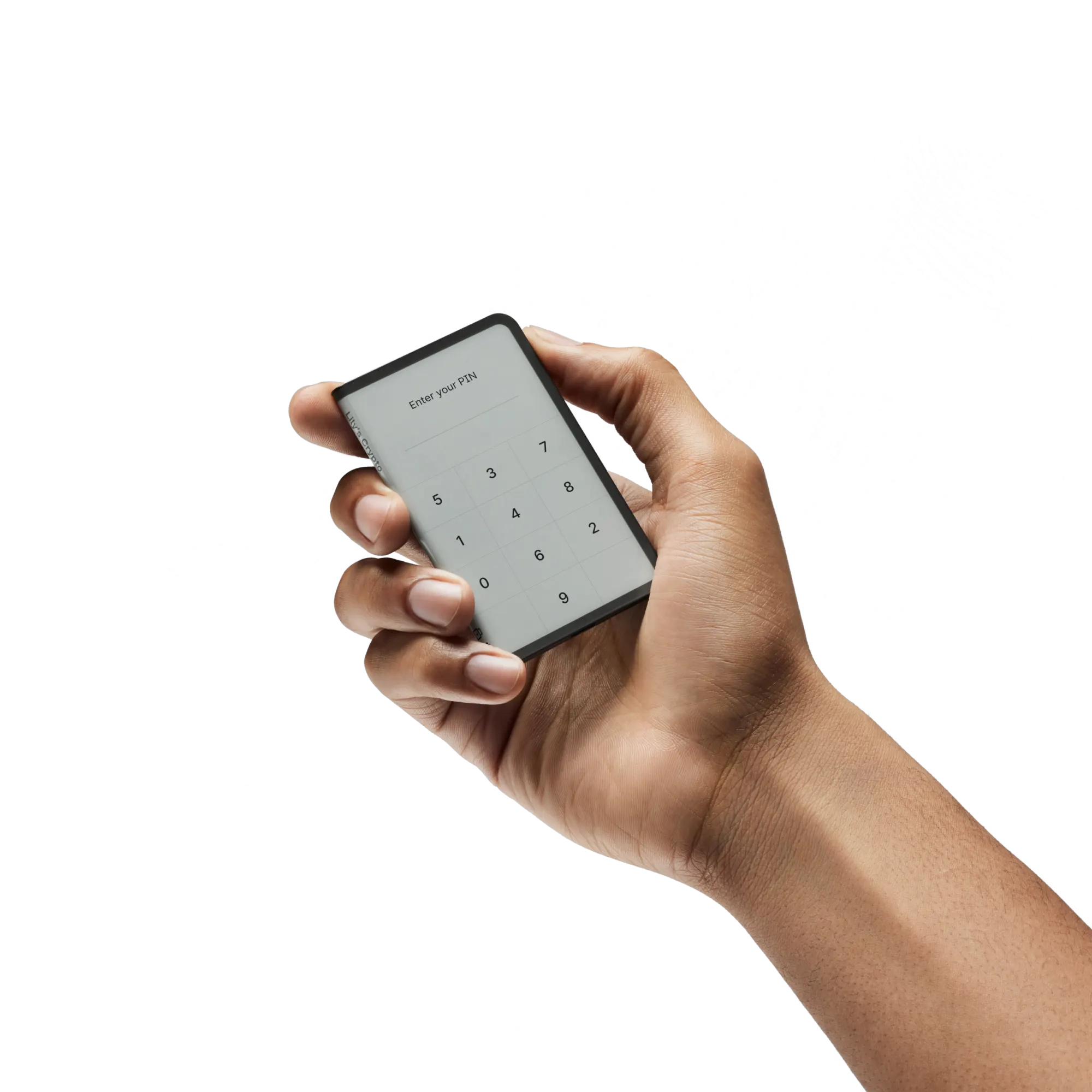 Ledger Stax mit PIN Eingabe auf dem Touchdisplay in der Hand