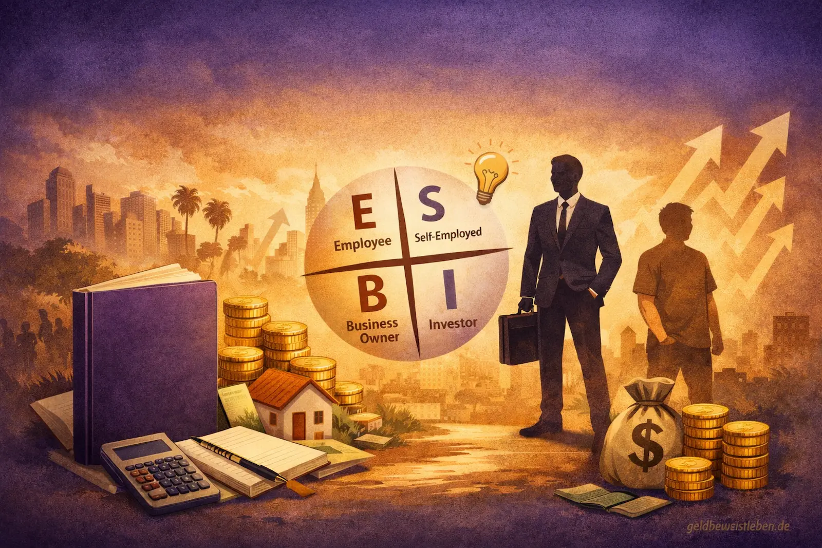 Illustration zur finanziellen Bildung mit Cashflow-Quadrant, Investor-Symbolen und Vermögensaufbau im Stil von Rich Dad Poor Dad