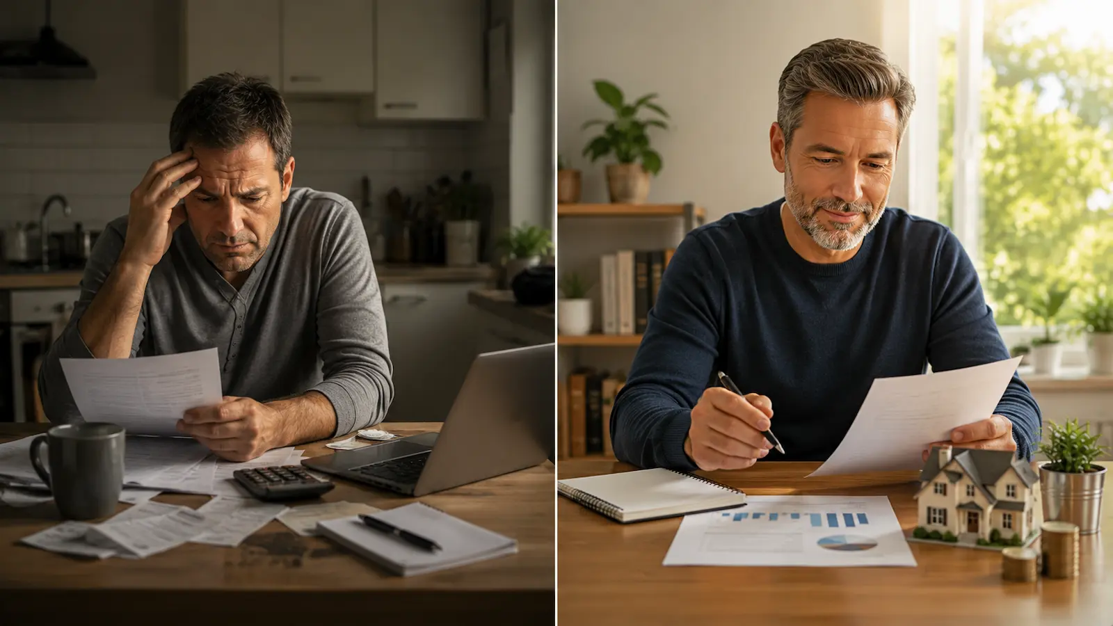Zwei Vaterfiguren im Vergleich: links finanzieller Stress mit Rechnungen, rechts ruhige Planung mit Vermögenswerten.