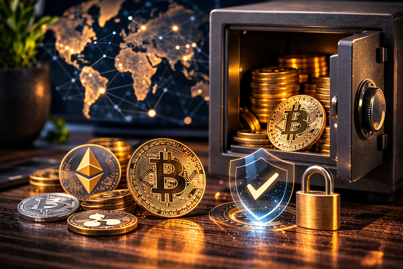 Symbolbild für sichere Krypto-Verwahrung mit Tresor, Coins und Schutzsymbol