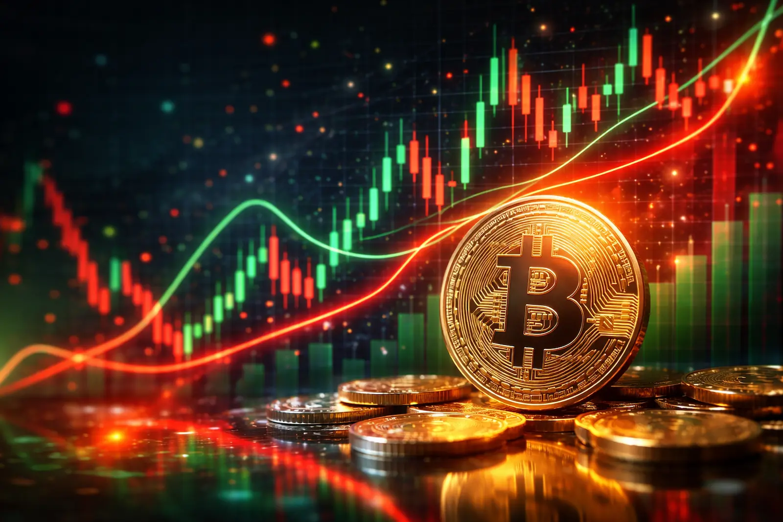 Abstrakte Krypto Börsen Grafik mit rotem und grünem Chartverlauf und goldener Coin Darstellung ohne Markenname
