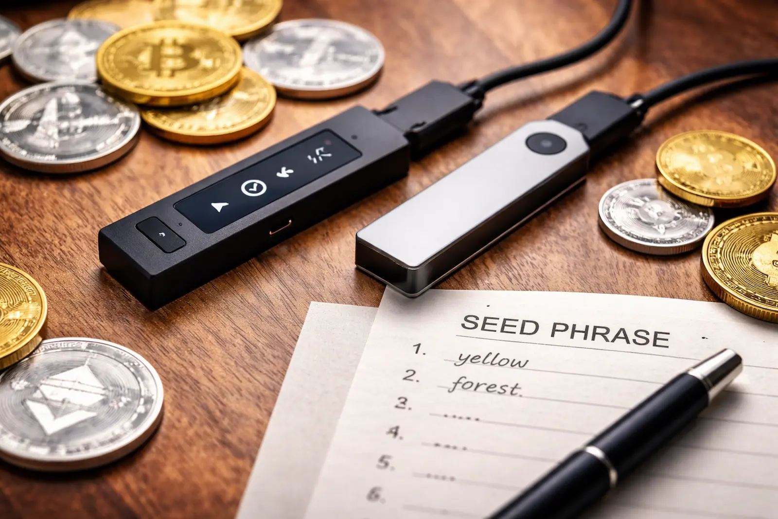 Zwei Hardware Wallets mit Kryptowährungs-Münzen und Seed-Phrase als Symbol für sichere Krypto-Aufbewahrung