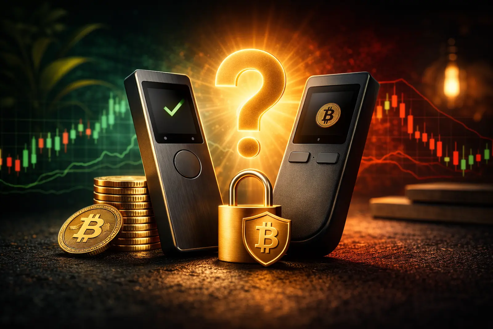 Zwei Hardware Wallets vor Krypto-Charts als Symbolbild für den Vergleich von Ledger und Trezor