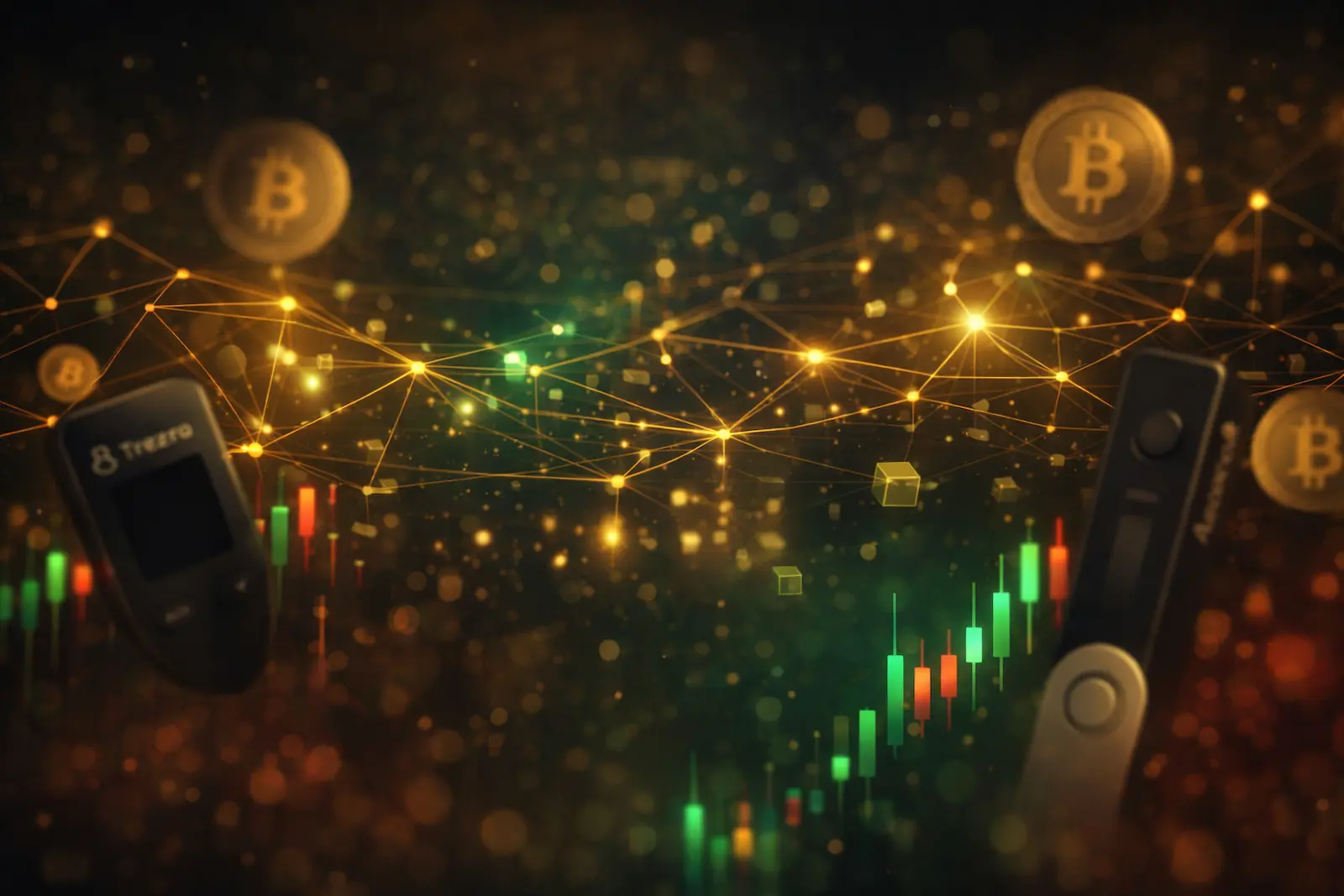 Abstraktes Krypto-Hintergrundbild mit goldenen Netzwerk-Linien sowie grünen und roten Kursbewegungen als Symbol für Ledger vs Trezor Vergleich.