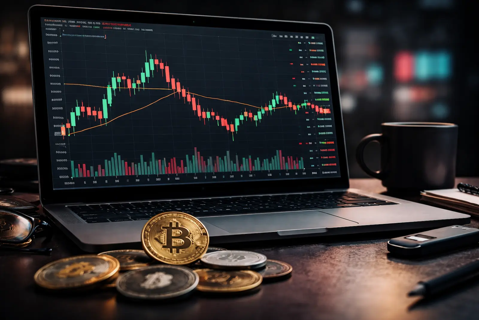 Chart-Analyse im Kryptomarkt mit roten und grünen Candlesticks zur Entwicklung von Altcoins.