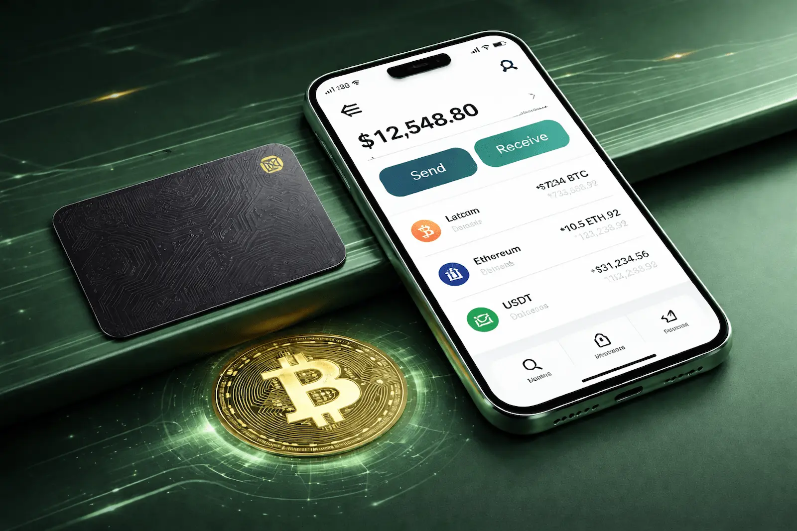 Hardware-Wallet mit NFC-Karte und Smartphone-App zur Verwaltung von Kryptowährungen wie Bitcoin und Ethereum