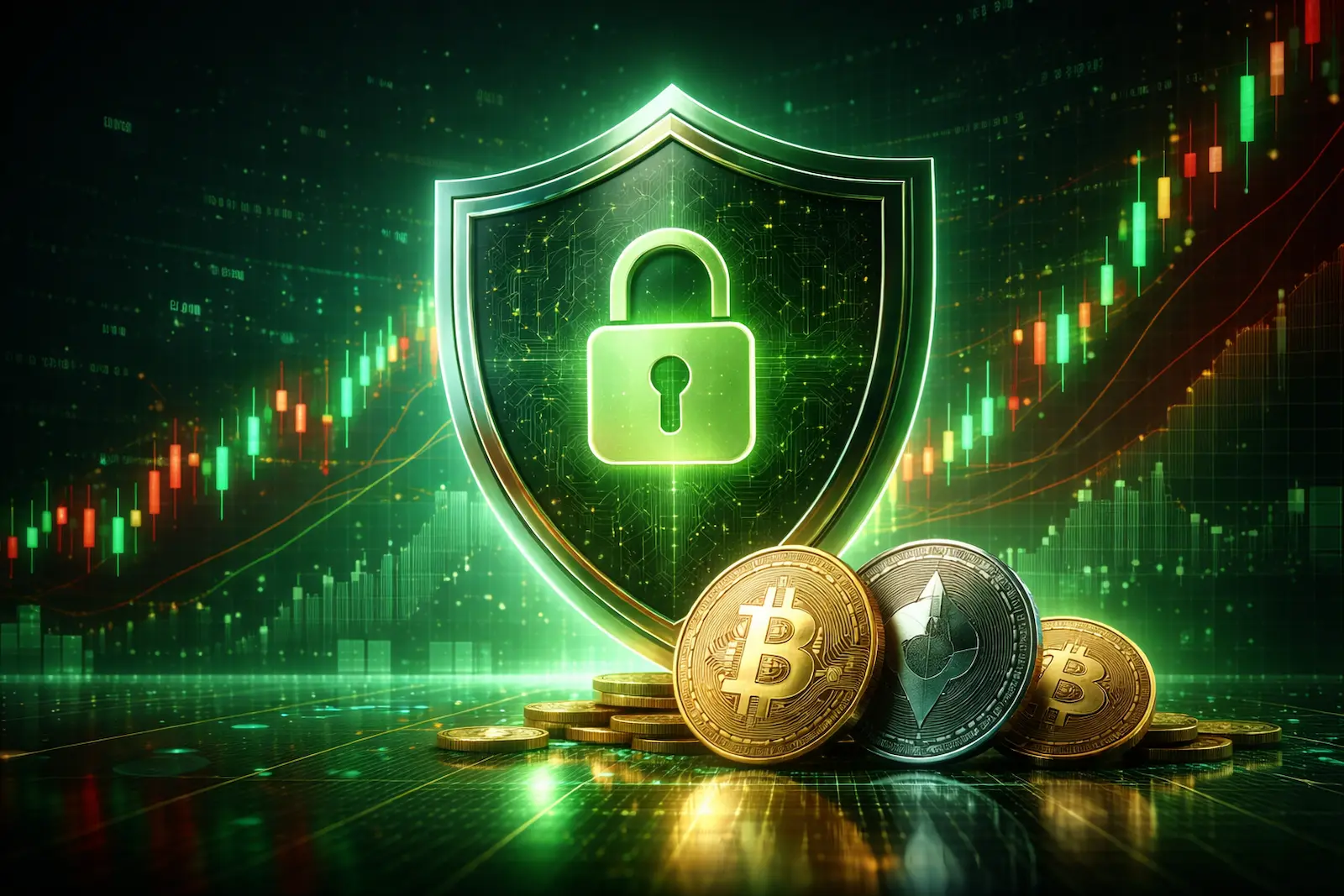Digitale Darstellung von Kryptowährungs-Sicherheit mit Schutzsymbol und grünen sowie roten Kurscharts im Hintergrund