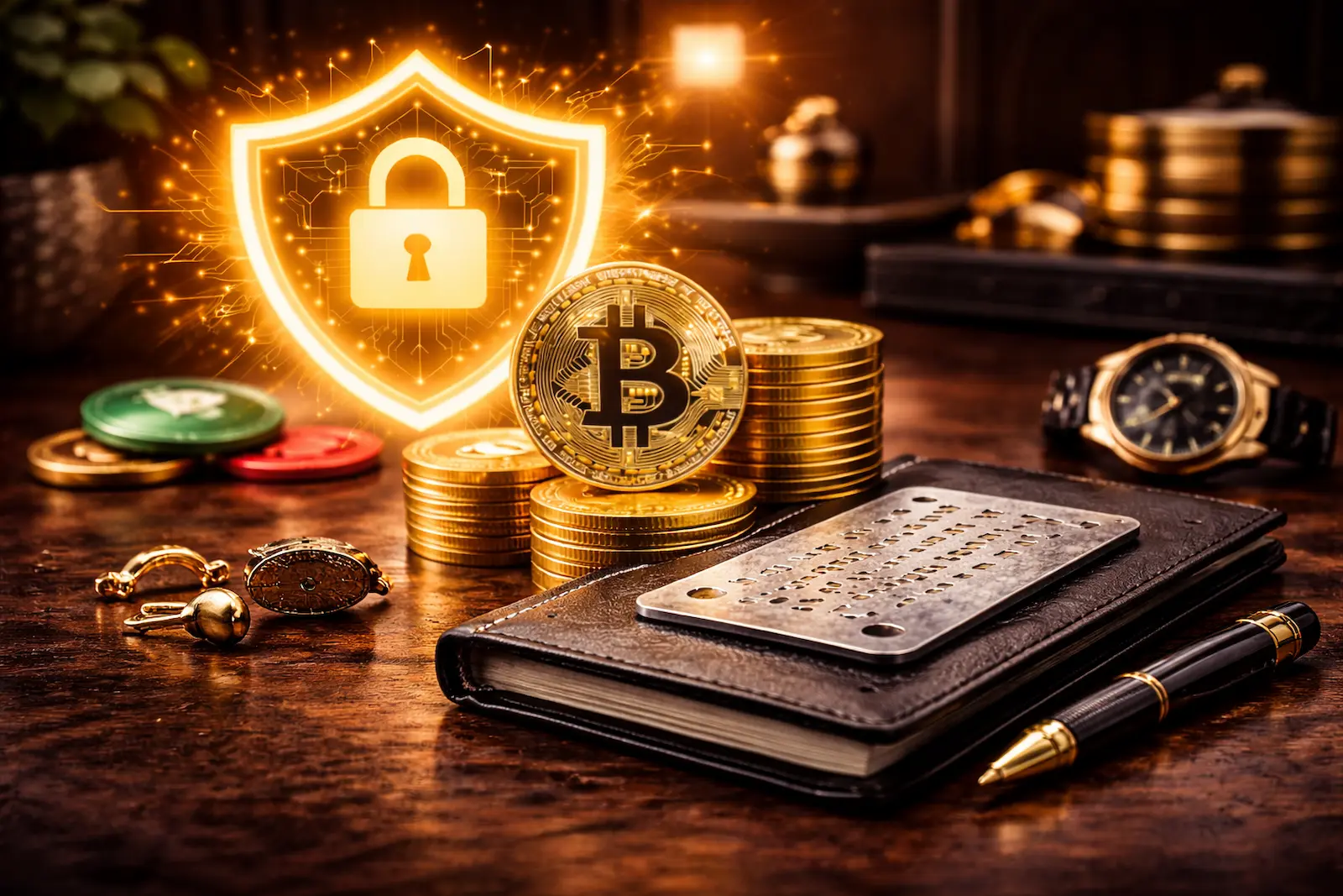 Edles Symbolbild für Krypto-Sicherheit und sichere Verwahrung im Trezor-Safe-7-Artikel
