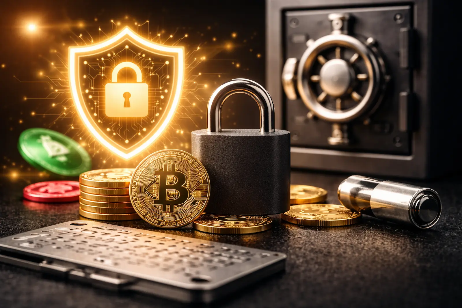 Krypto-Sicherheit mit Schloss, goldenen Coins und Backup-Platte vor dunklem Hintergrund