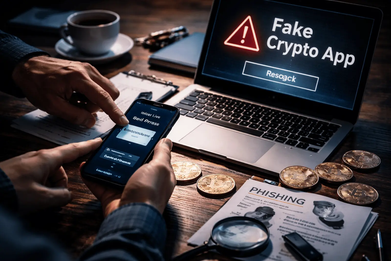 Zwei Personen prüfen Krypto-Unterlagen und Smartphone wegen möglichem Fake-Ledger-Betrug, Phishing und Seed-Phrase-Risiko.