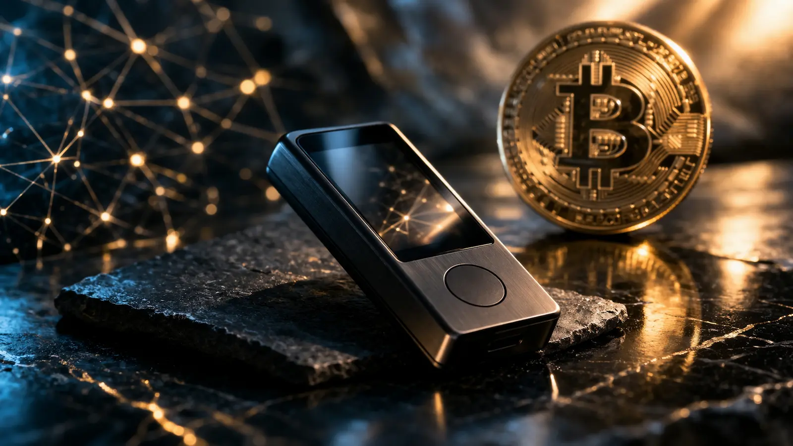 Edles Hero-Bild mit Hardware Wallet und Bitcoin-Motiv als Symbol für Krypto-Sicherheit