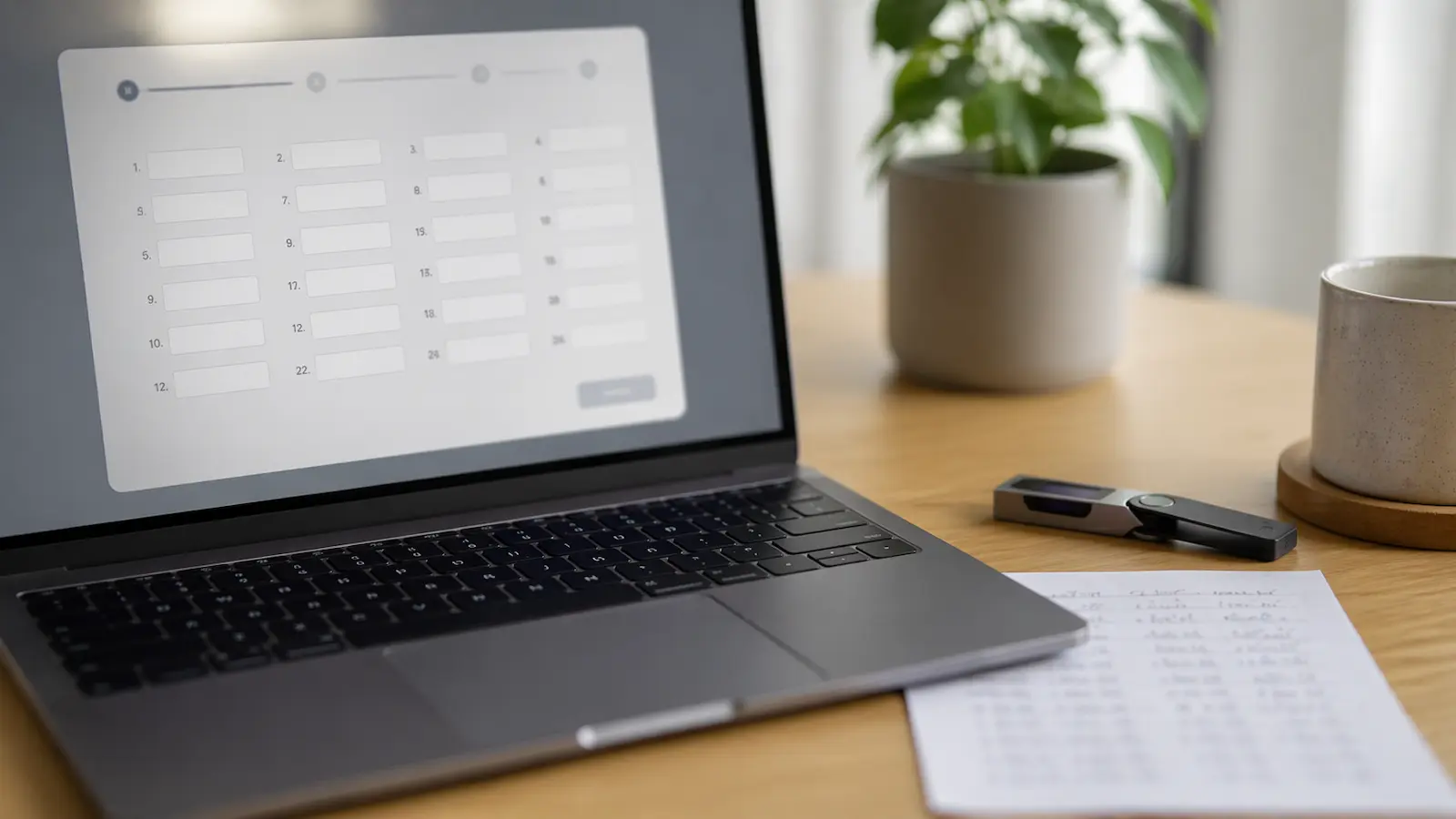 Laptop mit Eingabefeld für eine Seed Phrase, daneben Hardware Wallet und Zettel mit unscharfen Wiederherstellungswörtern