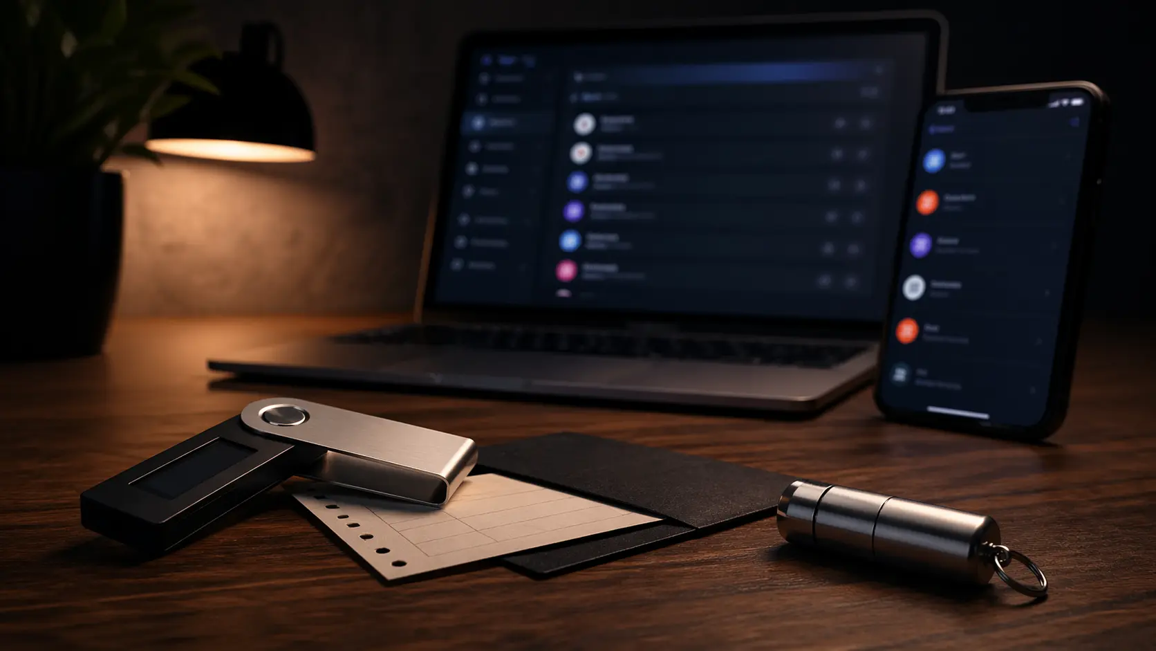 Hardware Wallet neben Seed Phrase Backup und Metallplatte vor unscharfem Passwortmanager auf Laptop und Smartphone