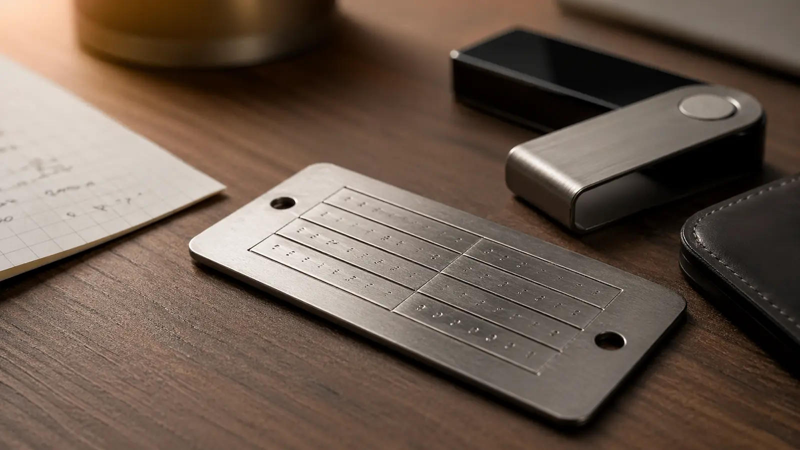 Hardware Wallet neben Metall-Backup und gefaltetem Papier-Backup auf einem Schreibtisch