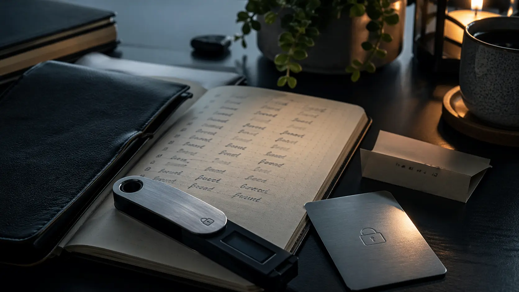 Hardware Wallet neben Seed Phrase Backup und separater Passphrase Notiz auf Schreibtisch