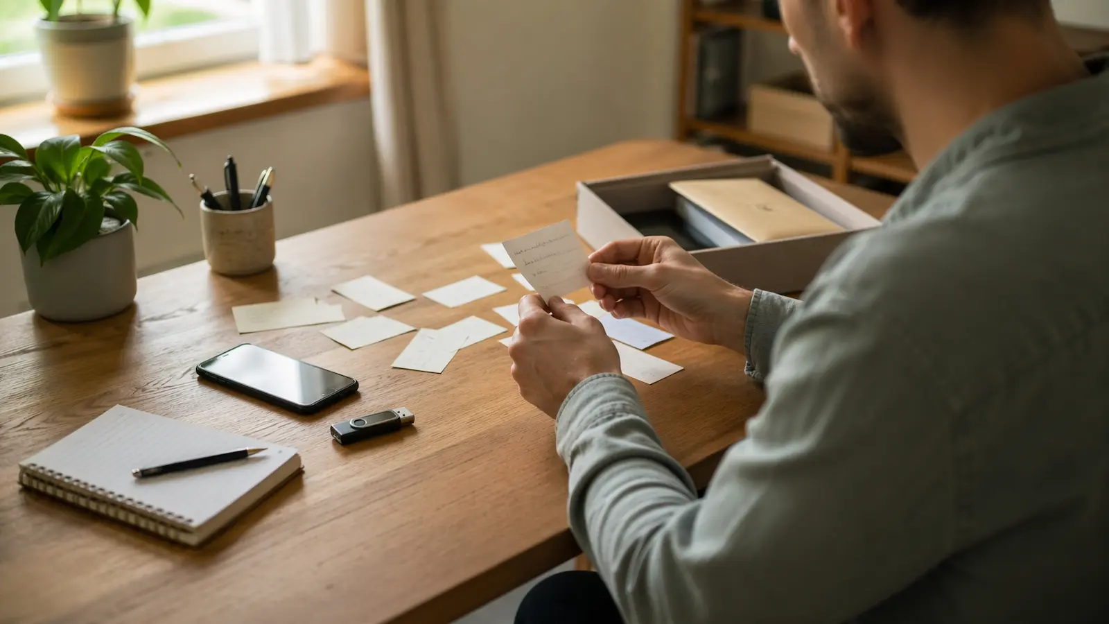 Hardware Wallet auf einem Schreibtisch neben Notizen und geöffneter Schublade als Symbol für eine verlorene Seed Phrase