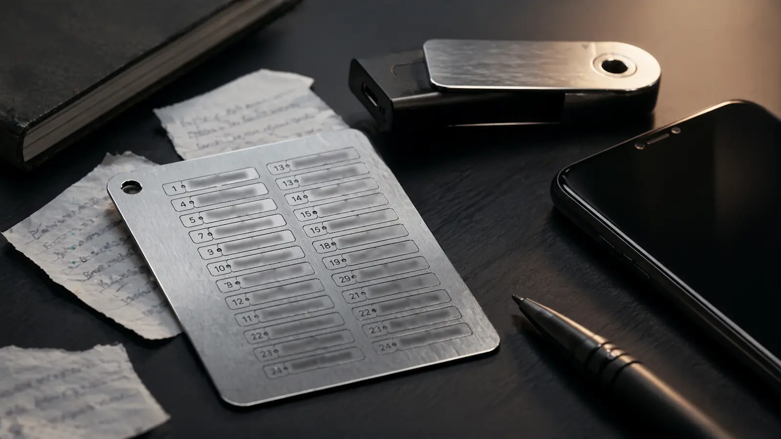 Seed Phrase Backup in Notizbuch neben Hardware Wallet und Smartphone auf Holztisch