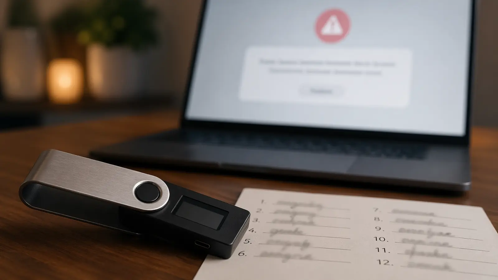 Laptop mit Eingabemaske zur Wallet-Wiederherstellung, markiertem Fehlerfeld, Hardware Wallet und Notizbuch mit 24 Wörtern