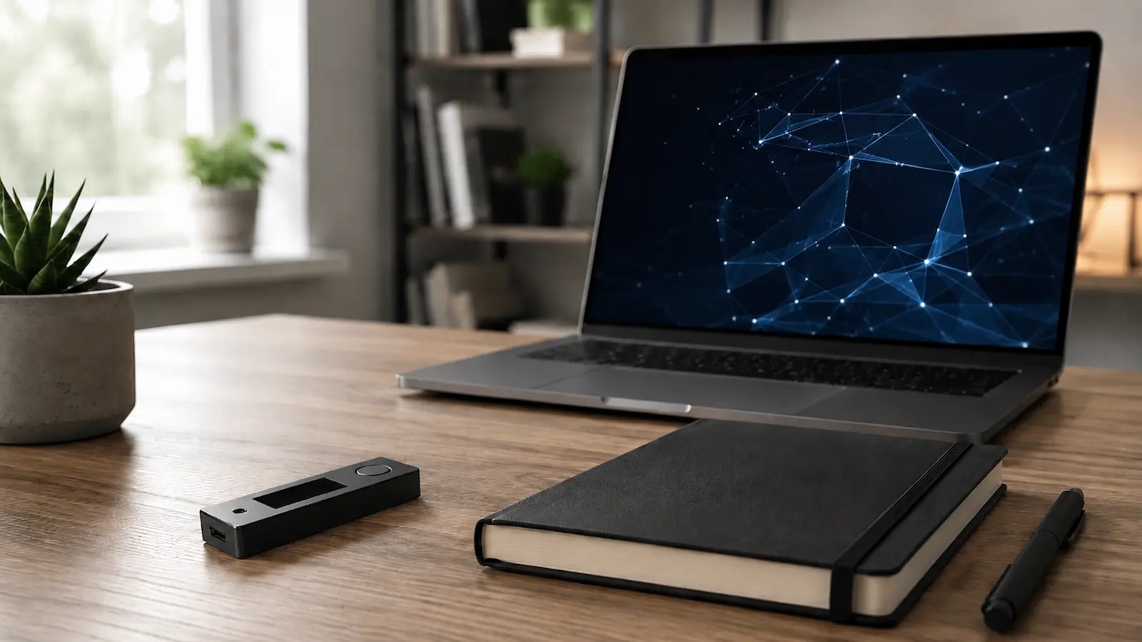 Hardware Wallet neben Notizbuch und Laptop zur sicheren Verwaltung von ERC20 Tokens