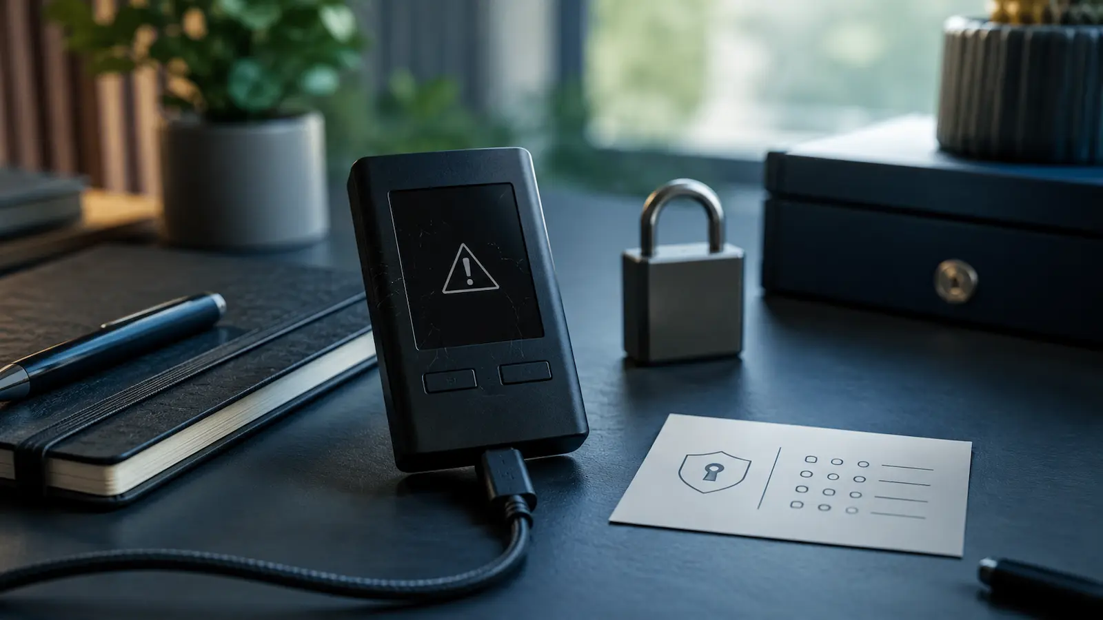 Hardware Wallet mit Warnsymbol, Schutzschild und Krypto-Coins als Symbol für sichere Wiederherstellung.