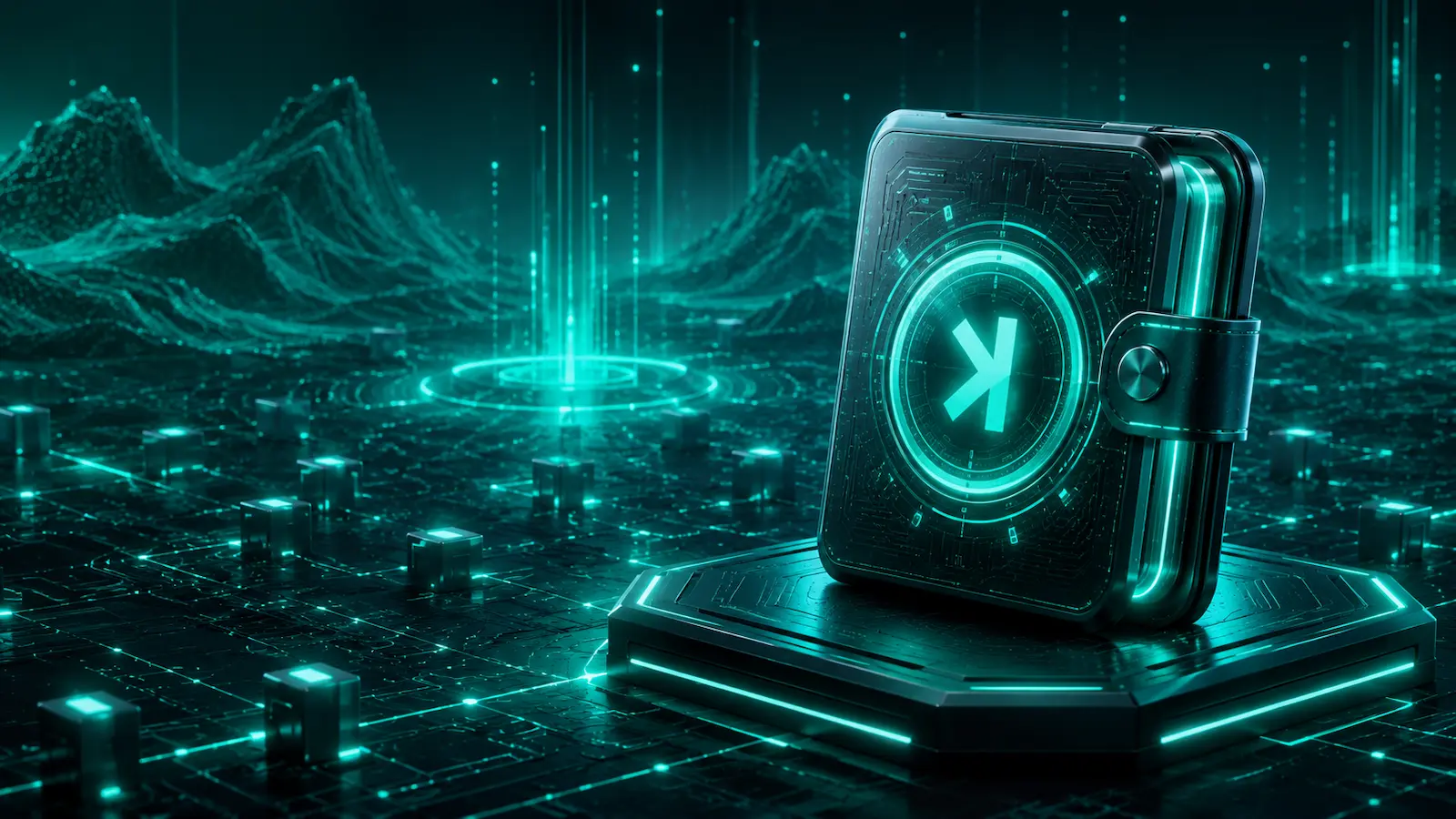 Futuristische Hardware Wallet mit angedeutetem Kaspa-Symbol in einer digitalen Krypto-Netzwerklandschaft