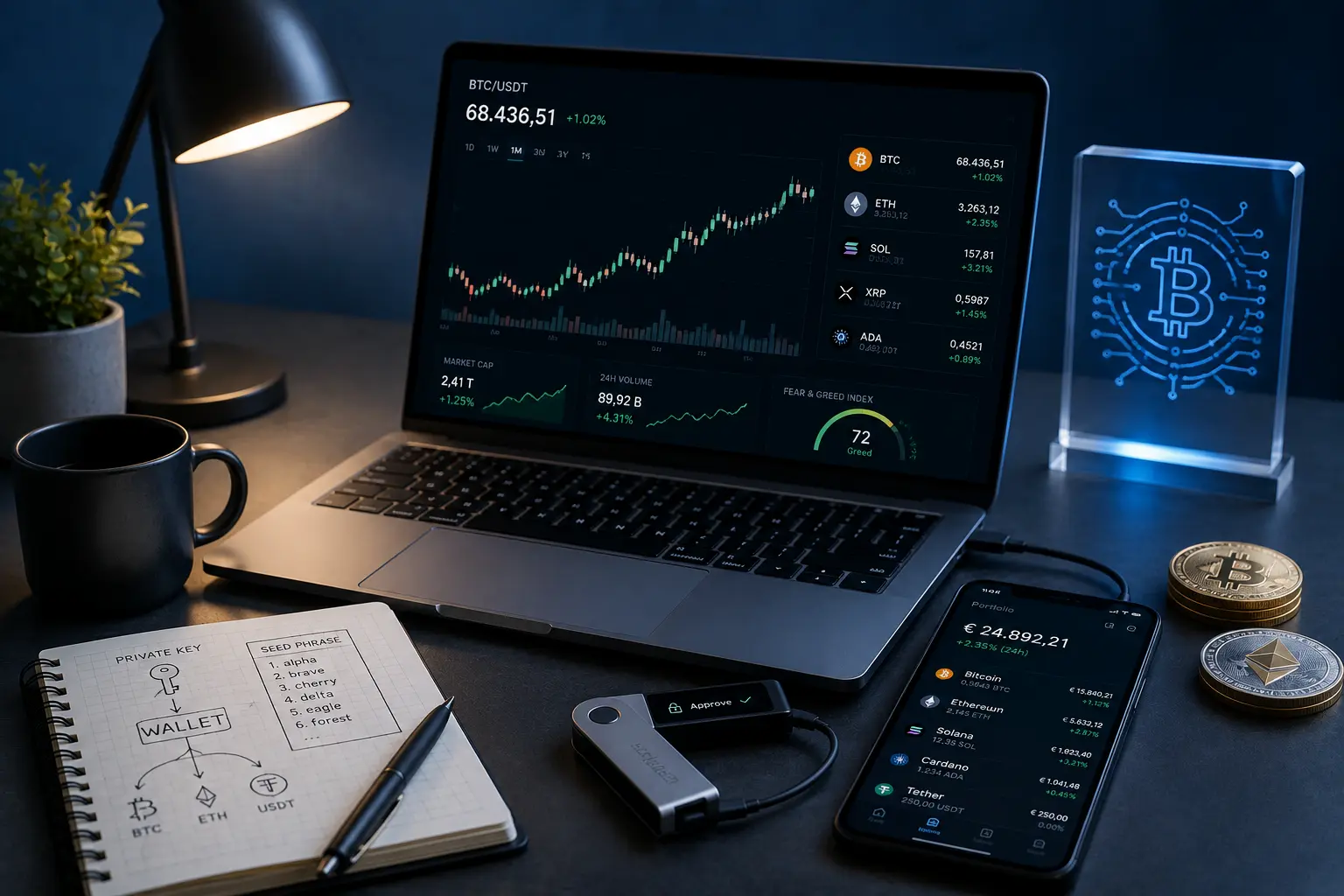 Technischer Arbeitsplatz mit Krypto-Dashboard, Hardware-Wallet, Smartphone-App und Notizbuch zur sicheren Aufbewahrung von Wallet-Daten.
