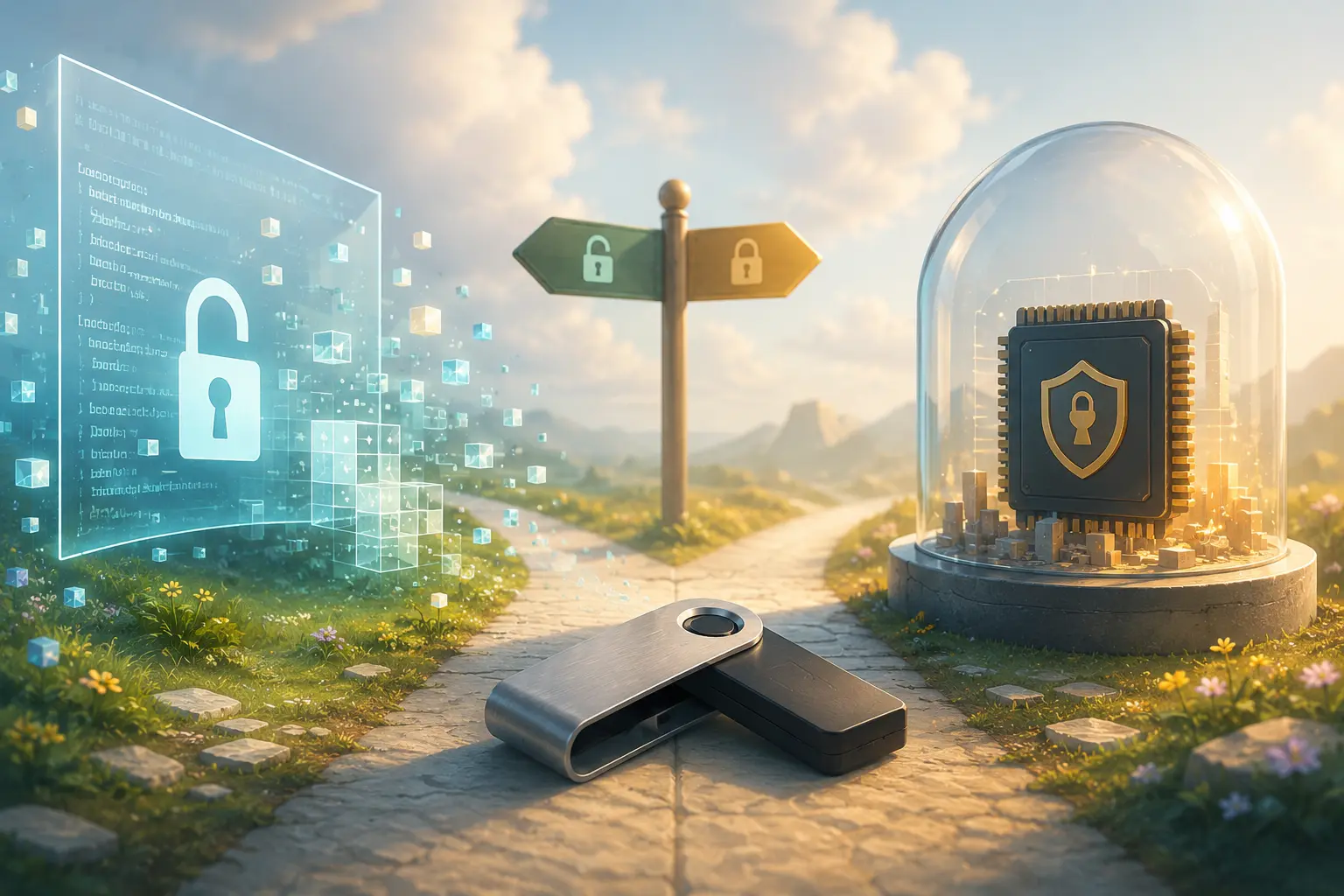 Abstrakte Hardware Wallet zwischen offenem Code-Gitter und geschütztem Sicherheitschip als Symbol für Ledger Open Source