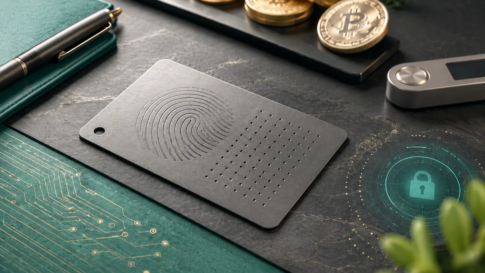 Symbolische Backup-Karte für Ledger Recovery Key mit Krypto-Sicherheitsmotiv