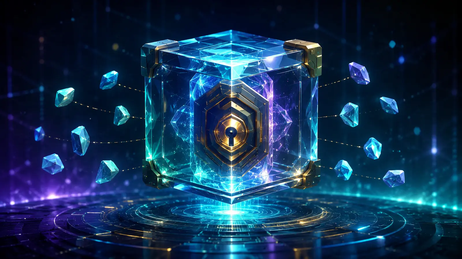 Abstraktes Krypto-Schutzschild mit zwölf Elementen als Symbol für die Sicherheit einer Seed Phrase