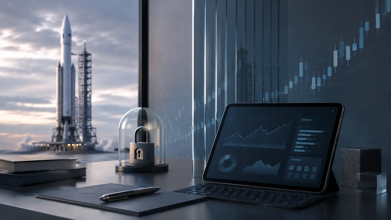 Tablet mit Finanzcharts, Schloss und Rakete als Symbol für SpaceX Aktie vor dem IPO kaufen und Pre-IPO-Risiken.