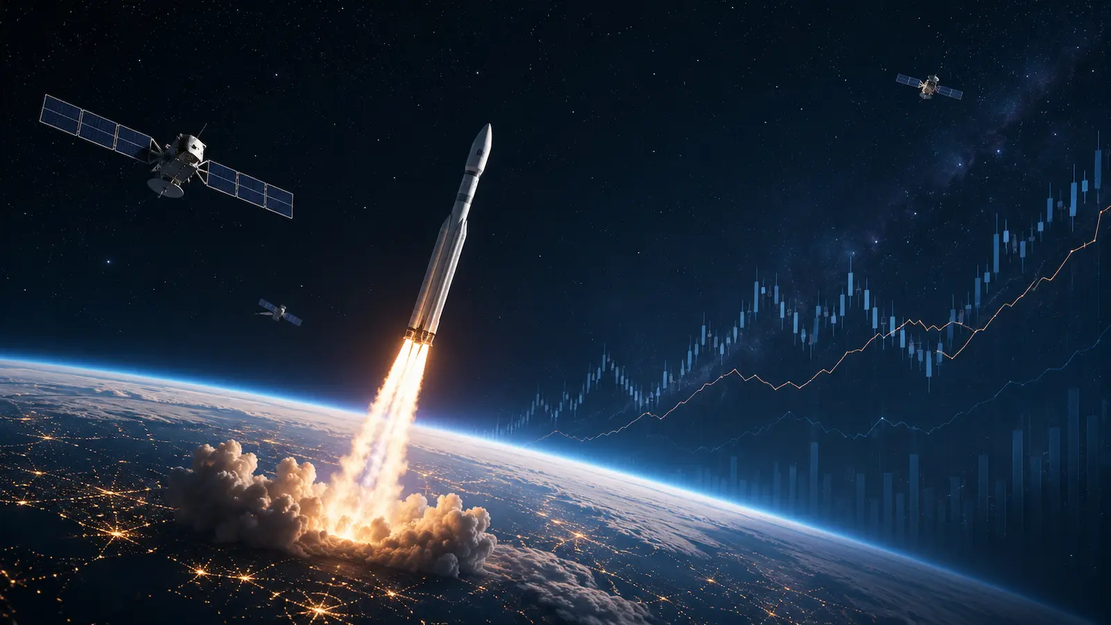 Rakete startet in den Weltraum, Satelliten kreisen über der Erde, daneben dezente Aktiencharts als Symbol für den möglichen SpaceX IPO 2026.