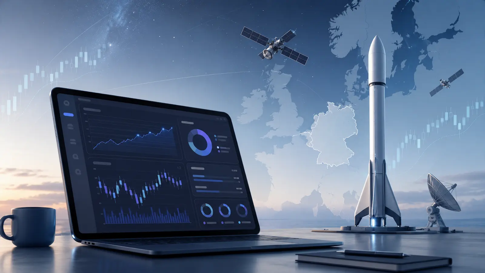 Rakete startet in den Weltraum, Satelliten kreisen über der Erde und dezente Aktiencharts symbolisieren den möglichen SpaceX IPO 2026.